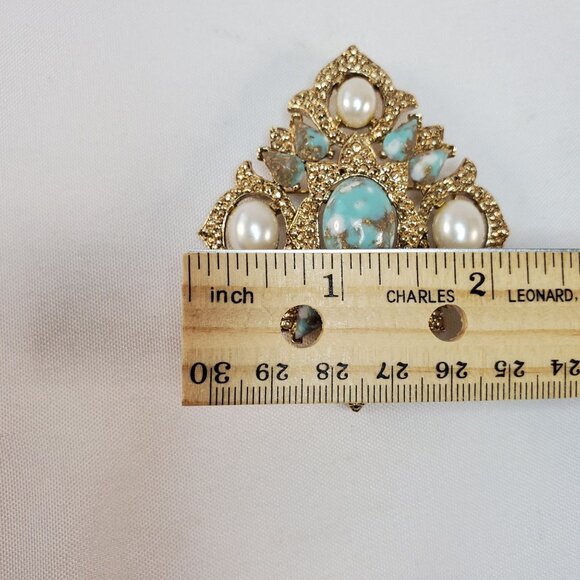 Vintage Sarah Coventry Brooch Pendant Gold With Faux Pearl & Turquoise Stones - Picture 10 of 12
